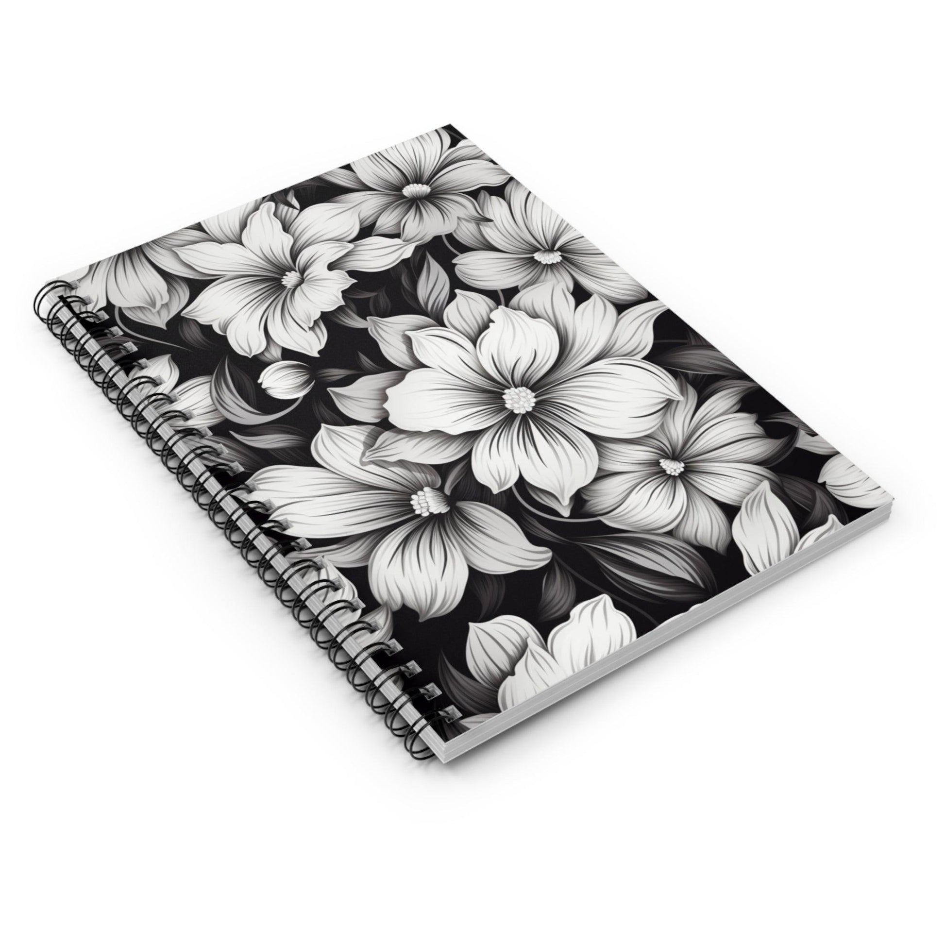 Ruled Line Elegant Black and White Floral Spiral Notebook - Texts and Threads