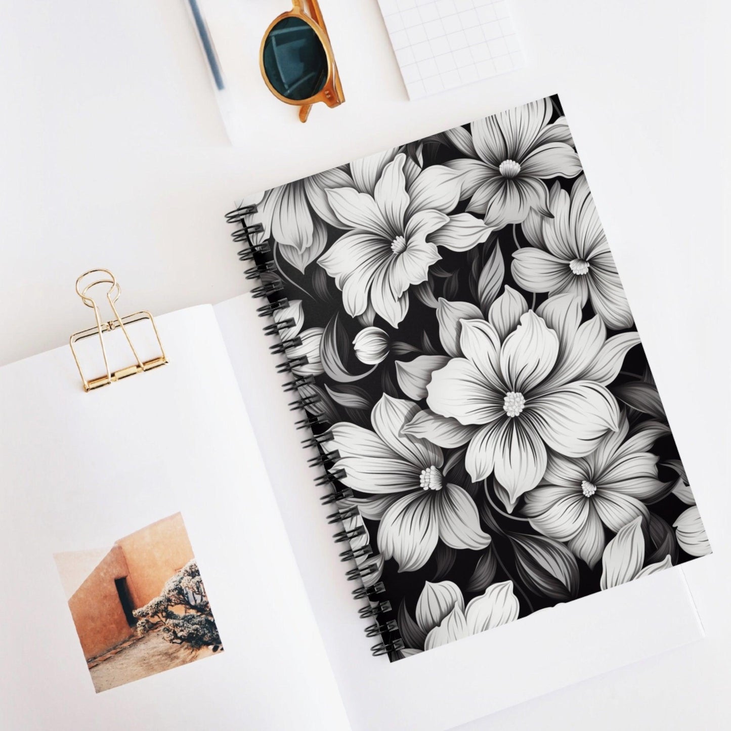 Ruled Line Elegant Black and White Floral Spiral Notebook - Texts and Threads