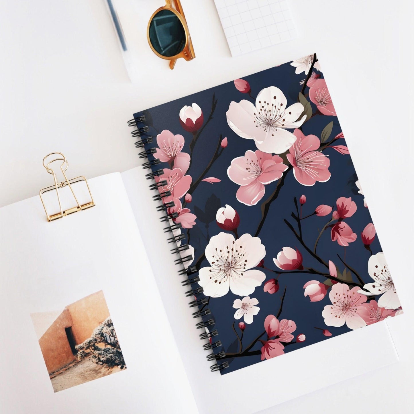 Ruled Line Cherry Blossom-Themed Spiral Notebook for Daily Inspiration - Texts and Threads