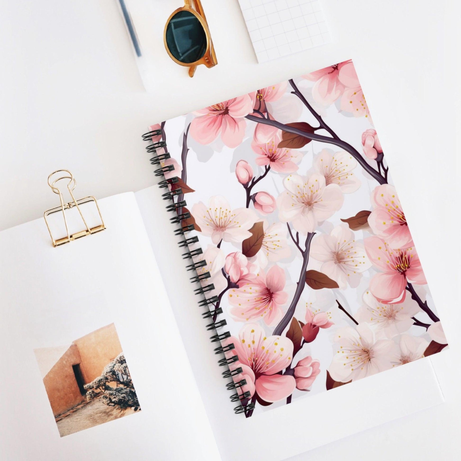 Ruled Line Artistic Cherry Blossom Spiral Notebook for Writers - Texts and Threads